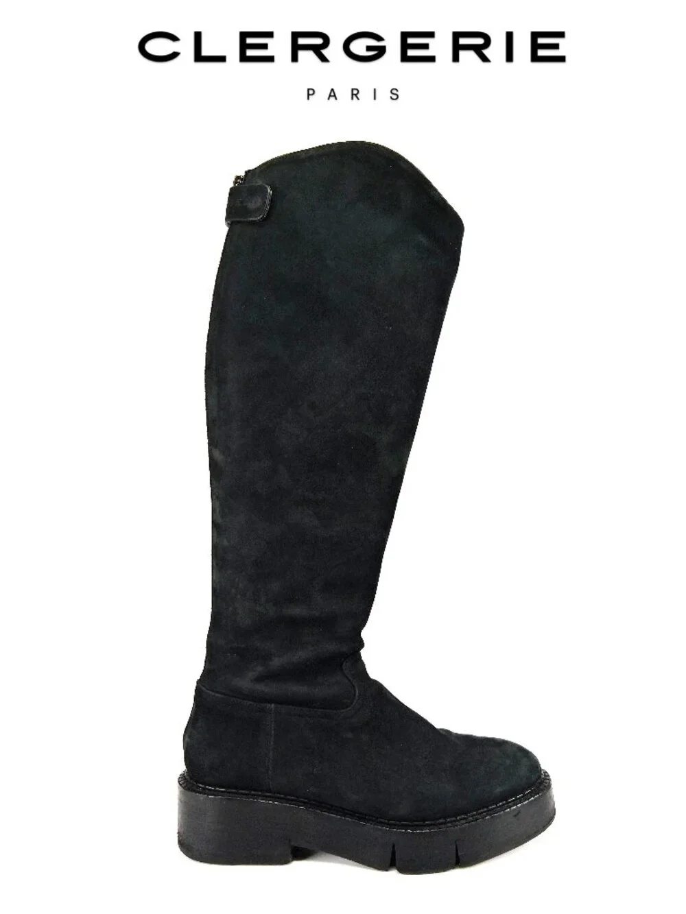 Clergerie Paris Black Nubuck Knee High Chunky Platform Boots Back Zip SZ 36.5